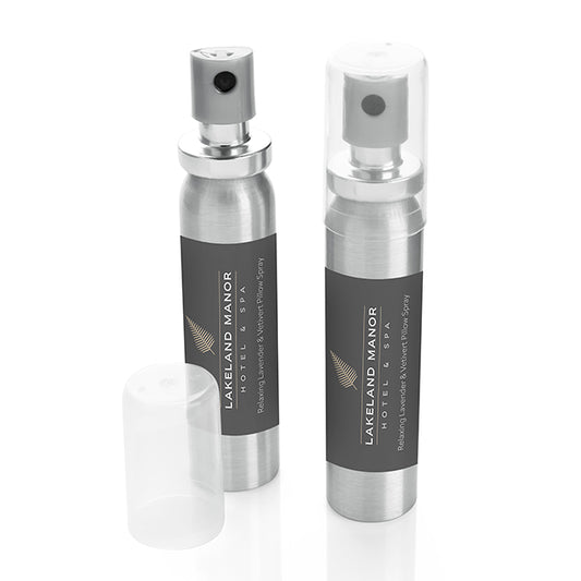 Relaxing Lavender & Vetivert Pillow Spray (20ml) branded wellbeing gift in silver printed with your company logo