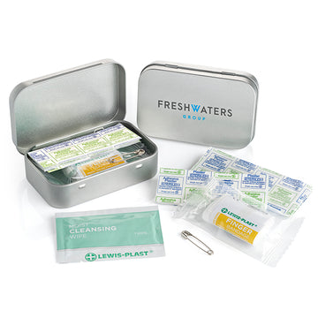 First Aid Kit in a Tin branded hygiene essential in silver printed with your company logo