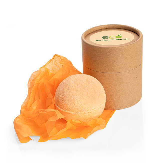 5cm Bath Bomb/Fizzer in a Little Brown Tube branded wellbeing gift in blue, green, orange, pink, purple, yellow printed with