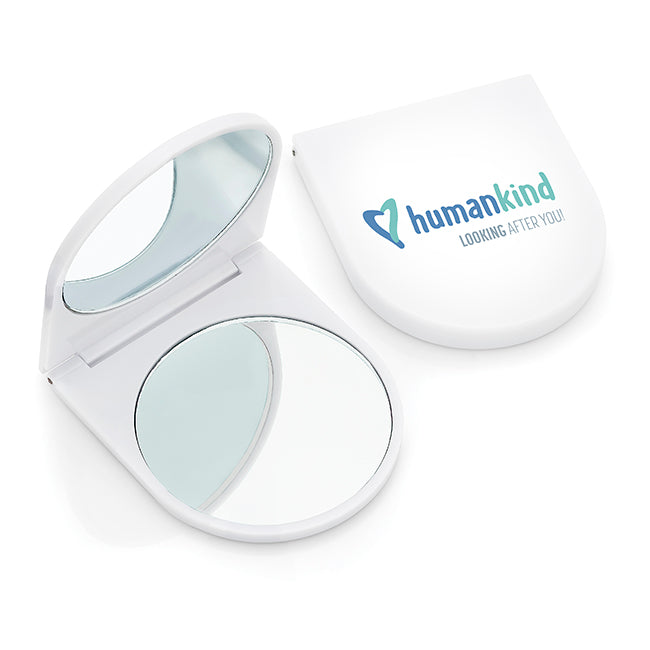 White Plastic Compact Mirror branded beauty item in white printed with your company logo