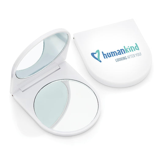 White Plastic Compact Mirror branded beauty item in white printed with your company logo