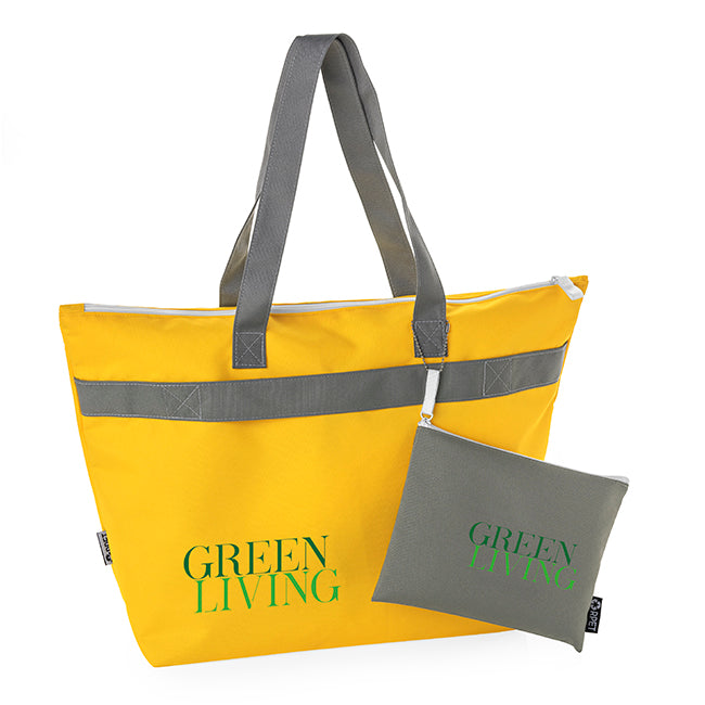 Printed rPET Shopper and Toiletry Bag Set branded personal care item in black, blue, brown, green, orange, pink, purple