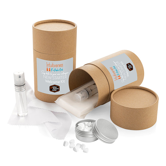 The Little Brown Tube New Starter Welcome Kit branded event giveaway in black, brown, white printed with your company logo