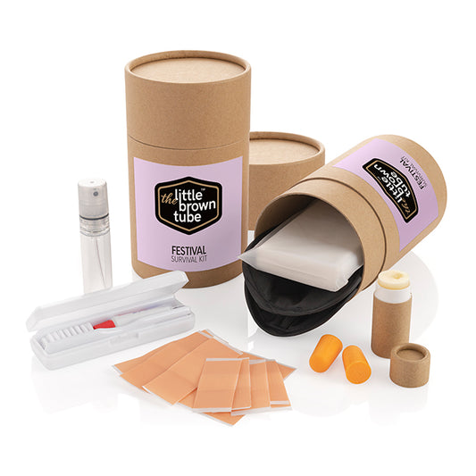 The Little Brown Tube Festival Kit branded event giveaway in black, brown, white printed with your company logo