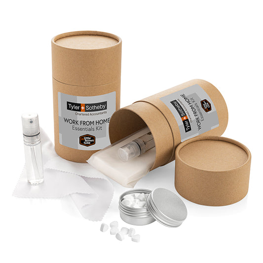 The Little Brown Tube Work From Home Kit branded event giveaway in black, brown, white printed with your company logo