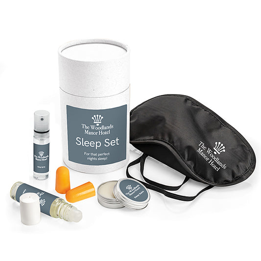 The Little Brown Tube Sleep Set branded event giveaway in black, brown, white printed with your company logo