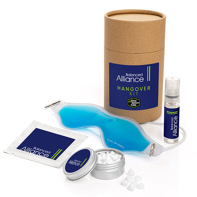 The Little Brown Tube Hangover Kit branded event giveaway in black, brown, white printed with your company logo