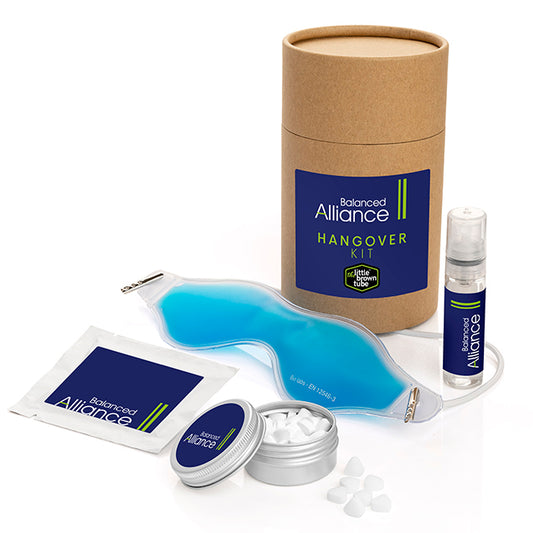 The Little Brown Tube Hangover Kit branded event giveaway in black, brown, white printed with your company logo