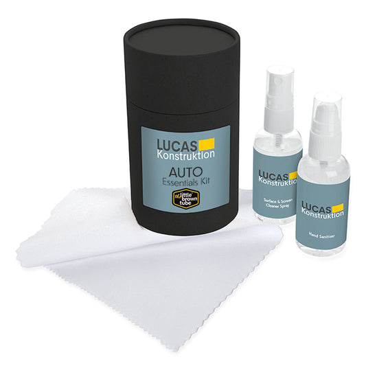 The Little Brown Tube Auto Essentials Kit branded event giveaway in black, brown, white printed with your company logo