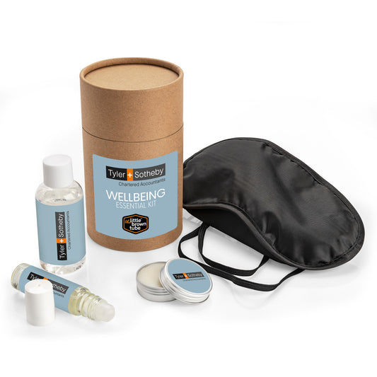 The Little Brown Tube Wellbeing Essential Kit branded event giveaway in black, brown, white printed with your company logo