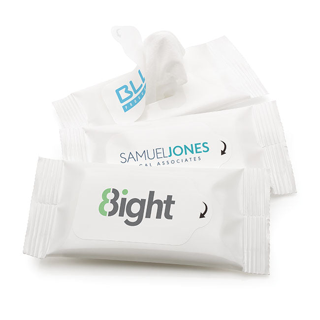 5 Wet Wipes in a Pocket Size Resealable Pack branded hygiene essential in white printed with your company logo