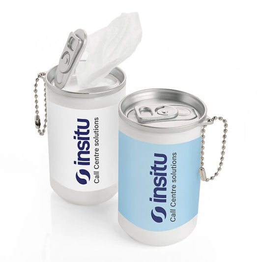 30 Antibacterial Wet Wipes in a Mini White Tub branded hygiene essential in white printed with your company logo