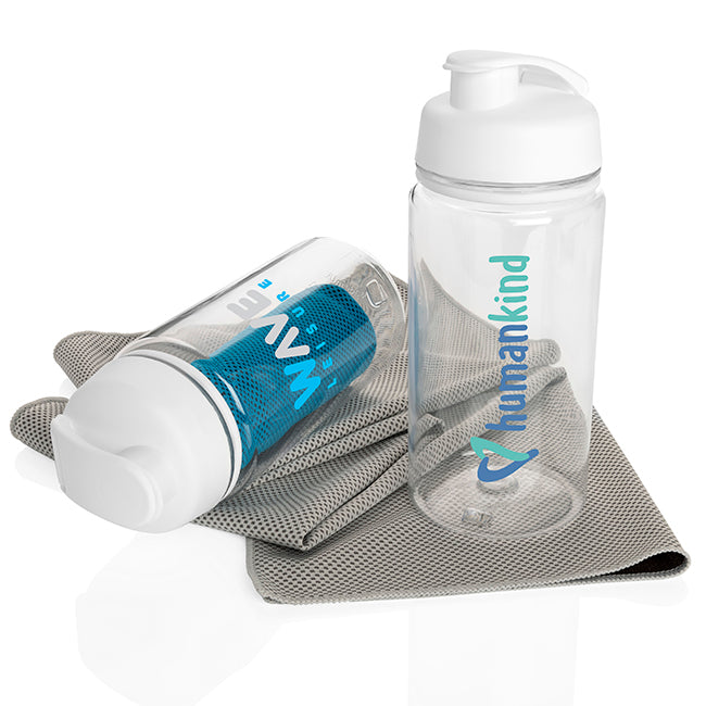 Sports Towel and Bottle Set branded bottle in clear printed with your company logo