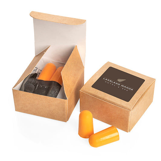 Pair of Ear Plugs in a Box in a Box branded travel essential in brown/orange printed with your company logo