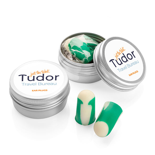 Pair of Bio-Based Ear Plugs in a Tin branded travel essential in green/silver printed with your company logo
