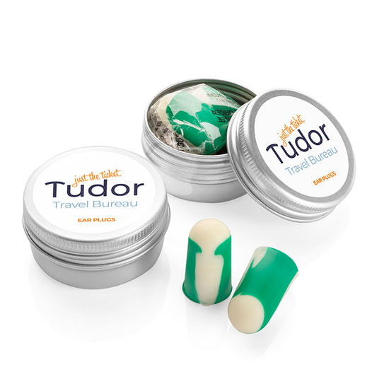 Pair of Bio-Based Ear Plugs in a Tin branded travel essential in green/silver printed with your company logo