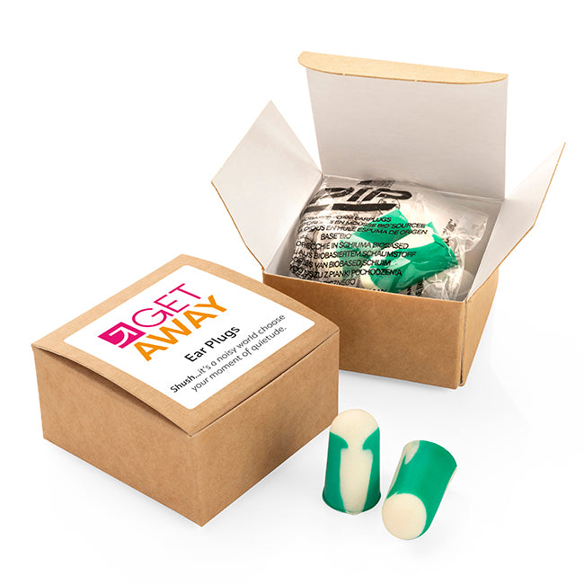 Pair of Bio-Based Ear Plugs in a Box branded travel essential in brown/green printed with your company logo