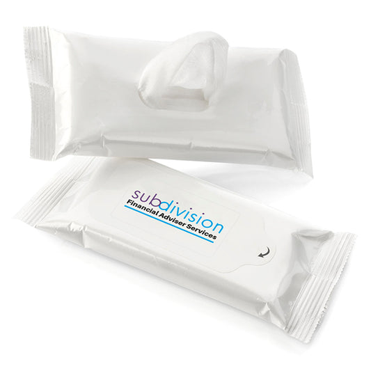 15 Antibacterial Wet Wipes in a Soft Pack branded hygiene essential in white printed with your company logo