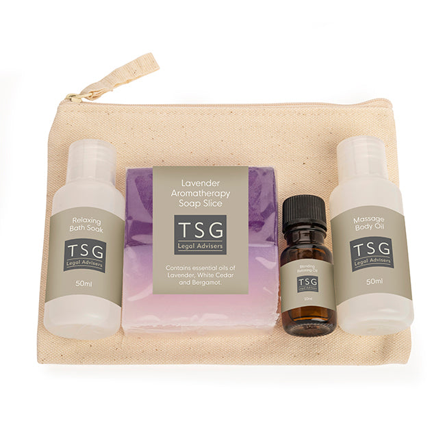 Natural Wellbeing Set in a Cotton Bag branded personal care item in beige/purple printed with your company logo