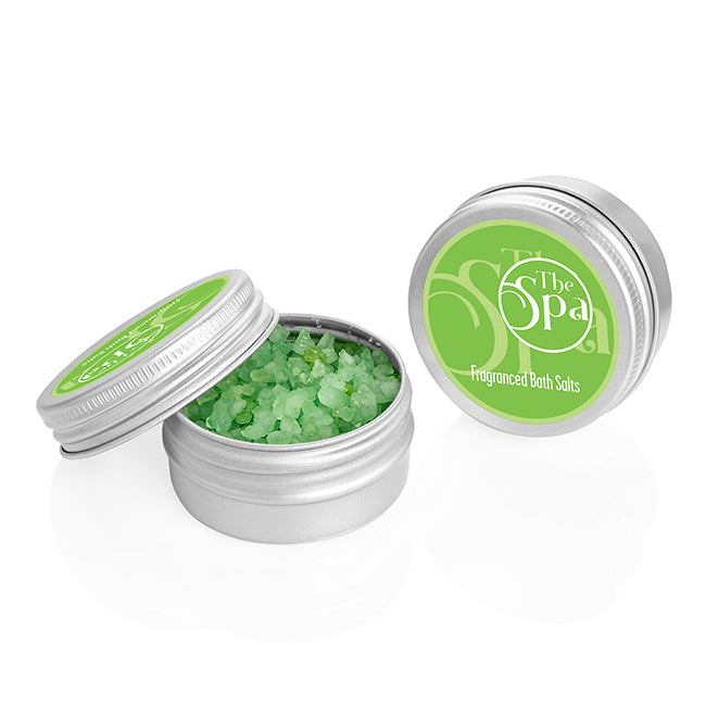 Mini Bath Salts / Crystals in an Aluminium Tin, 20g branded wellbeing gift in green, orange, purple printed with your