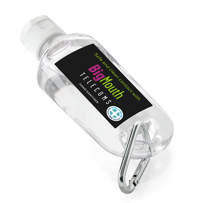 Antibacterial Hand Sanitiser on a Carabiner Clip (50ml) branded hygiene essential in clear printed with your company logo