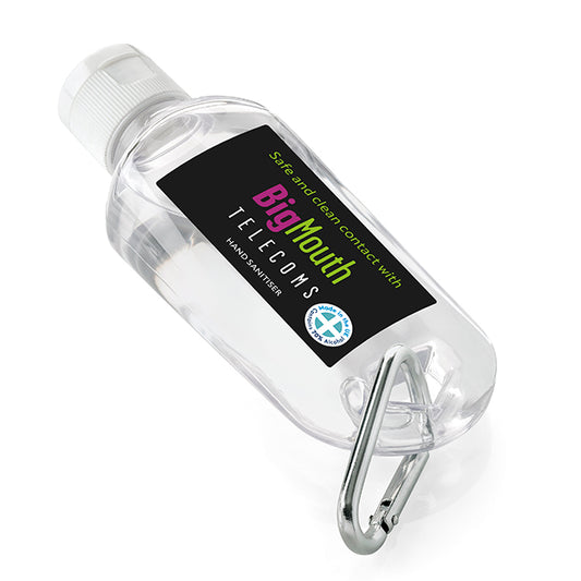 Antibacterial Hand Sanitiser on a Carabiner Clip (50ml) branded hygiene essential in clear printed with your company logo