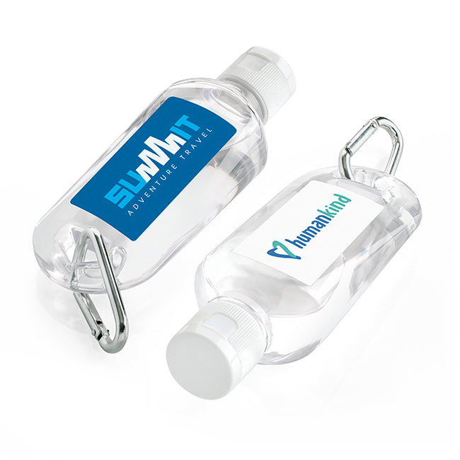 Antibacterial Hand Sanitiser on a Carabiner Clip (70ml) branded hygiene essential in clear printed with your company logo