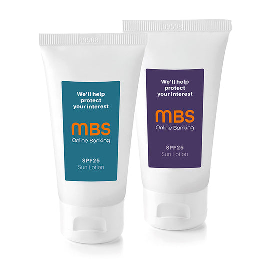 SPF25 Sun Lotion in a Tube (50ml) branded personal care item in white printed with your company logo