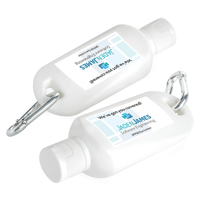 SPF50 Sun Lotion on a Carabiner Clip branded personal care item in white printed with your company logo