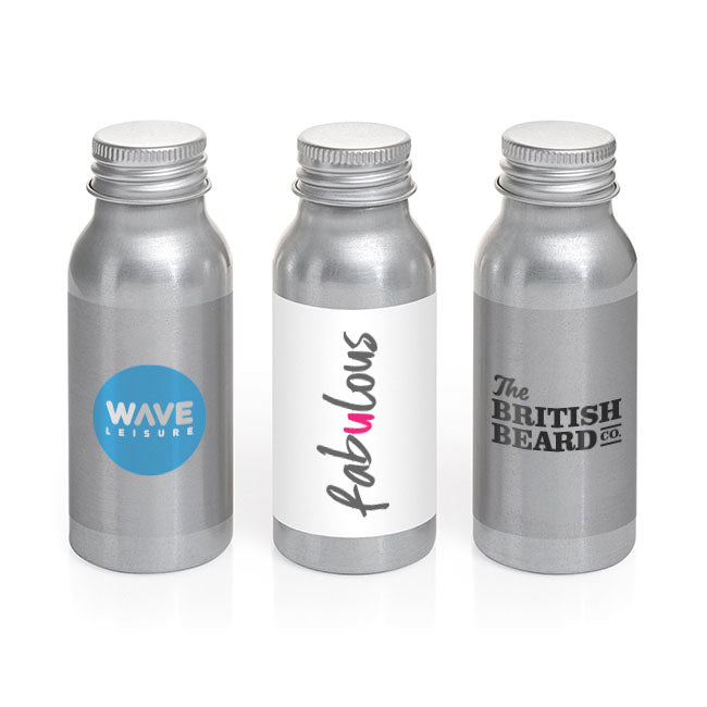 Natural Foam Bath in an Aluminium Bottle, 50ml branded wellbeing gift in silver printed with your company logo