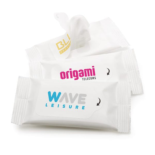 5 Screen Wipes in a Pocket Size Resealable Pack branded desk accessory in white printed with your company logo