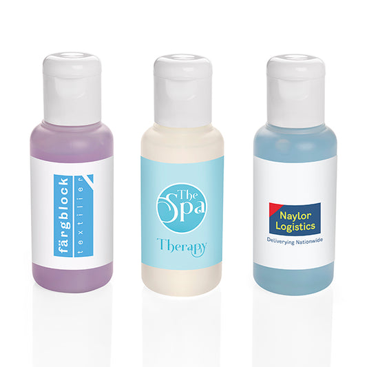 Hand Sanitiser Gel in a PCR Bottle with Flip Cap, 50ml branded hygiene essential in blue, clear, purple printed with your