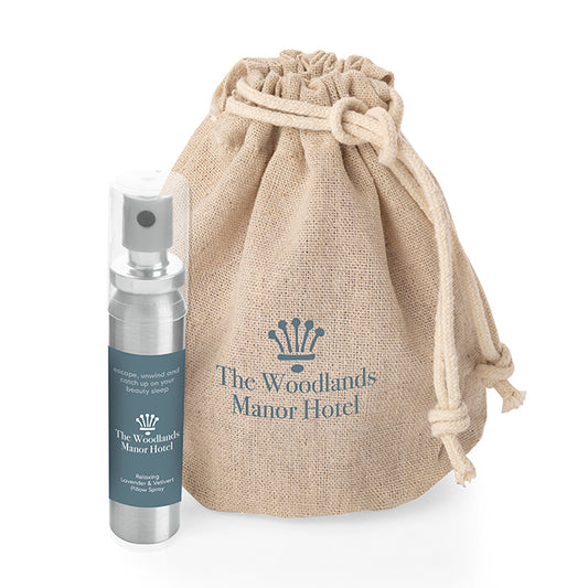 Sleep Set in a Hemp Bag (Printed Bag) branded wellbeing gift in beige/silver printed with your company logo