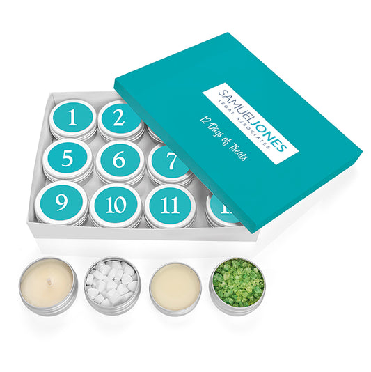 12 Days of Treats Gift Set branded personal care item in silver/white printed with your company logo
