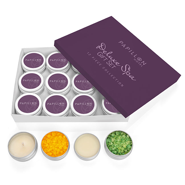 12 Piece Deluxe Spa Gift Set, branded wellbeing gift in silver/white printed with your company logo