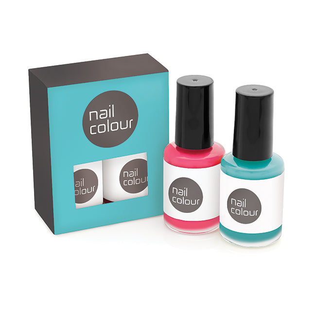 2 Piece Nail Polish Gift Set branded beauty item in black, blue, brown, green, orange, pink, purple, red, white, yellow