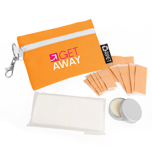 Outdoor/Walkers Recovery Kit in a Printed Pouch on a Clip branded personal care item in black, blue, brown, green, orange