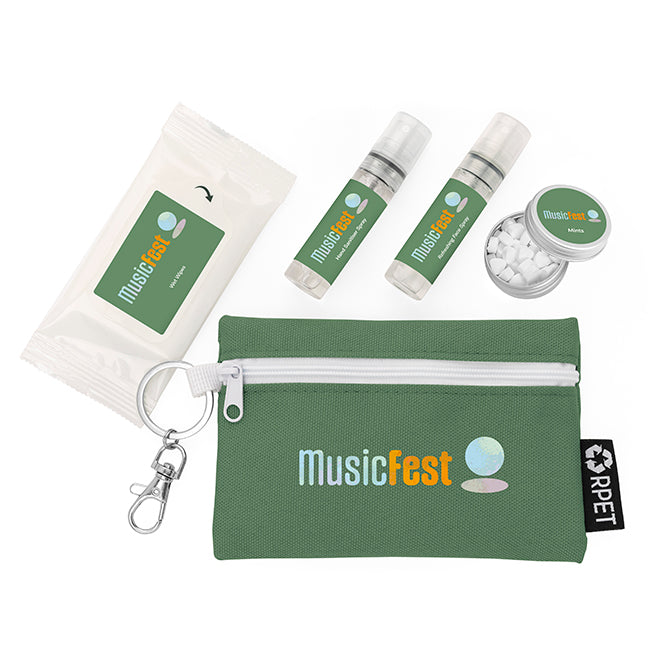 Festival Kit in a Printed Pouch on a Clip branded personal care item in black, blue, brown, green, orange, pink, purple