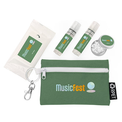 Festival Kit in a Printed Pouch on a Clip branded personal care item in black, blue, brown, green, orange, pink, purple