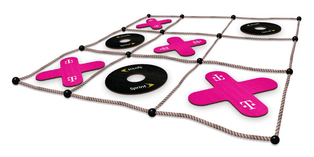 Giant noughts and crosses rope grid with pink and black wooden pieces