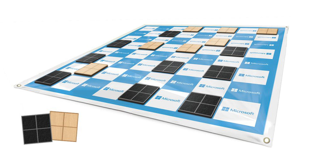 Giant draughts canvas board in blue and white with wooden playing pieces