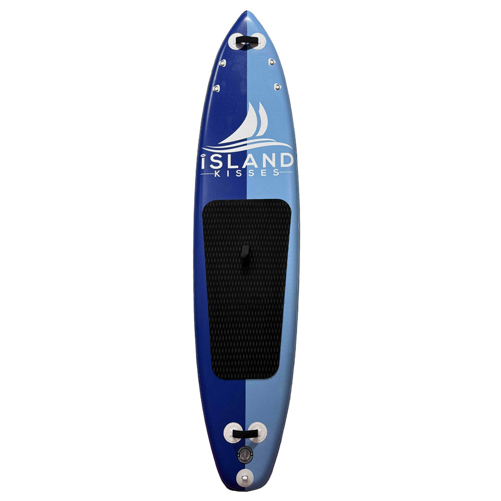 Navy inflatable stand-up paddleboard with a printed design