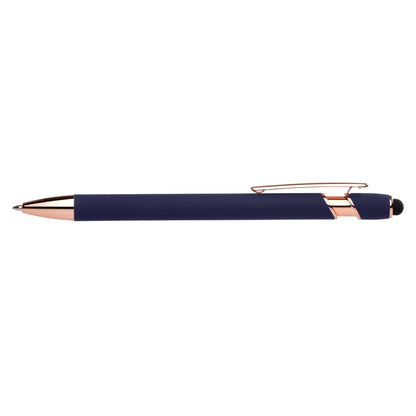 Prince Softy Rose Gold Gel Pen with Stylus promotional pen in navy blue laser engraved with your company logo