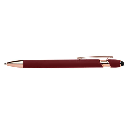 Prince Softy Rose Gold Gel Pen with Stylus promotional pen in burgundy laser engraved with your company logo