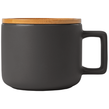 Café Virtuoso Ceramic Bamboo Lid Mug promotional mug in black laser engraved with your company logo