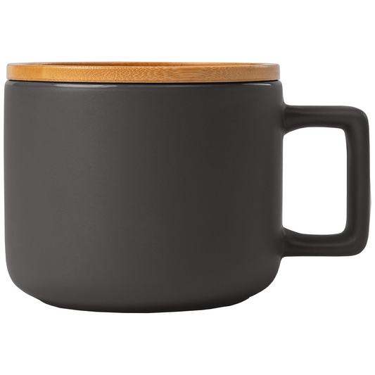 Café Virtuoso Ceramic Bamboo Lid Mug promotional mug in black laser engraved with your company logo
