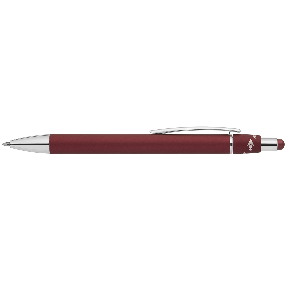 Orbit Spinner Chrome Metal Pen with Stylus promotional pen in burgundy laser engraved with your company logo