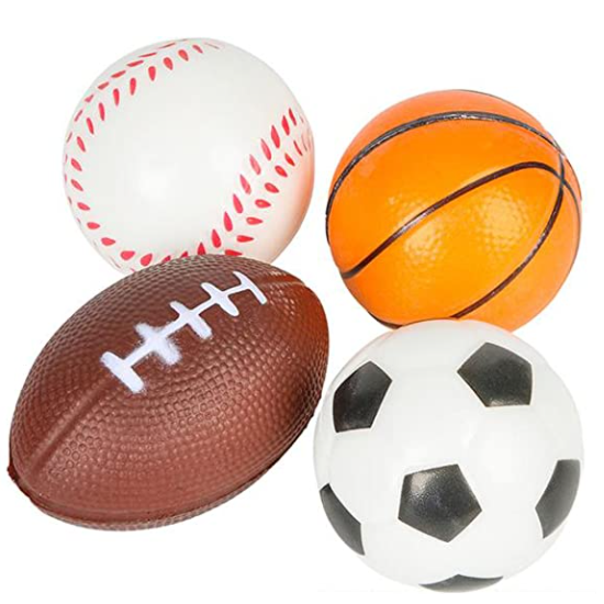 Stress balls shaped like a baseball, basketball, rugby ball and football