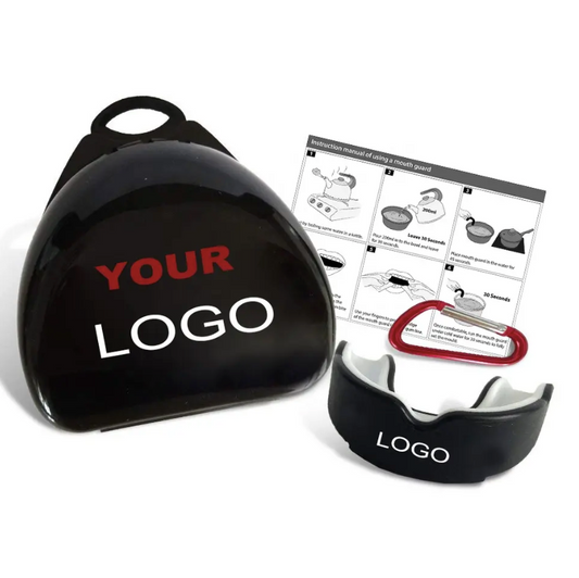 Black gum shield case printed with a logo, shown with the mouth guard