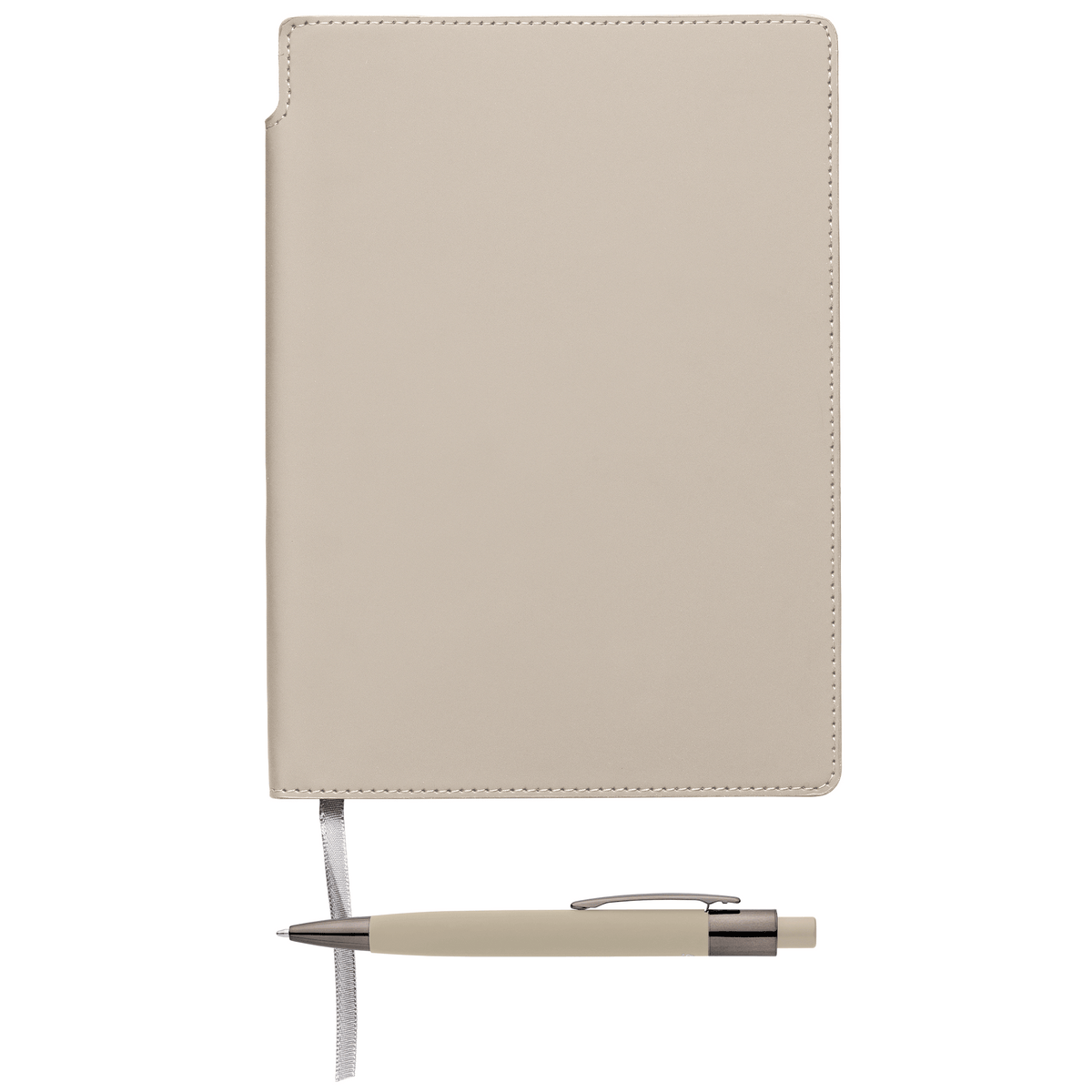 Malmö Recycled Soft Cover Extended Journal Pen Set promotional notebook in dune warm grey printed with your company logo